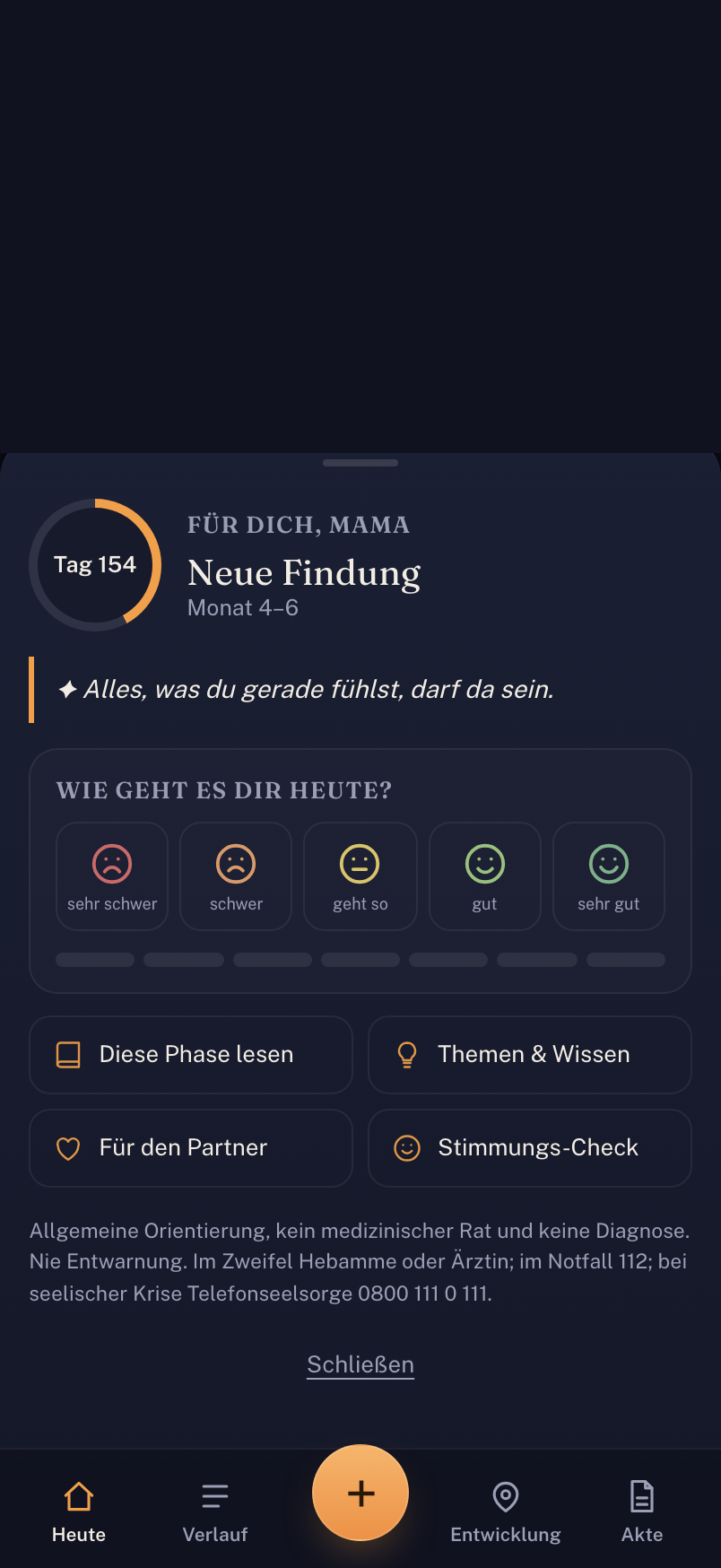 Aurelias Wochenbett-Begleitung für die Mutter: ein ruhiges Tages-Dashboard mit Phase, Tagesimpuls und einem einfühlsamen Stimmungs-Check-in mit Wochentrend