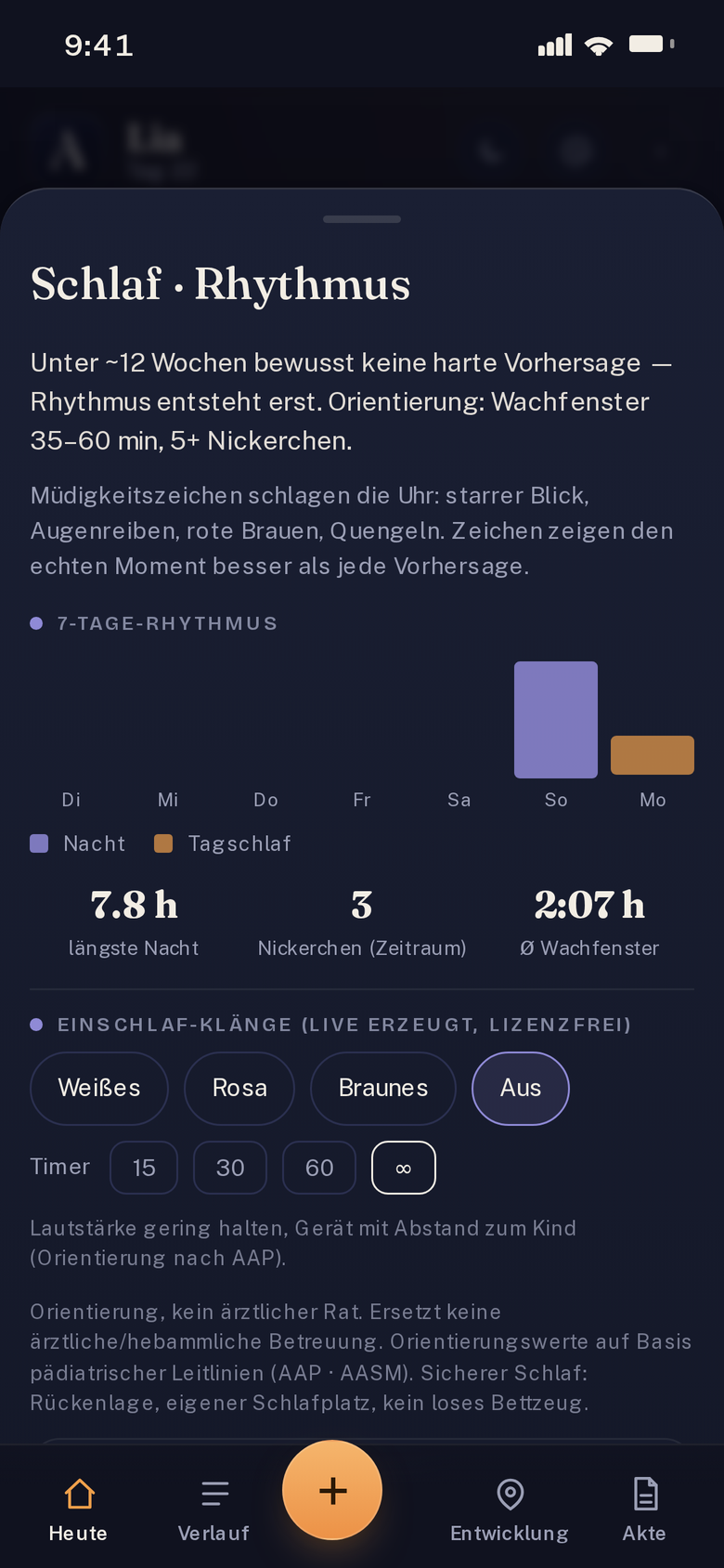 Aurelia Schlaf: das nächste Nickerchen wird als Zeitfenster von 10:30 bis 11:00 mit Konfidenz vorhergesagt, dazu ein Check der Müdigkeitszeichen